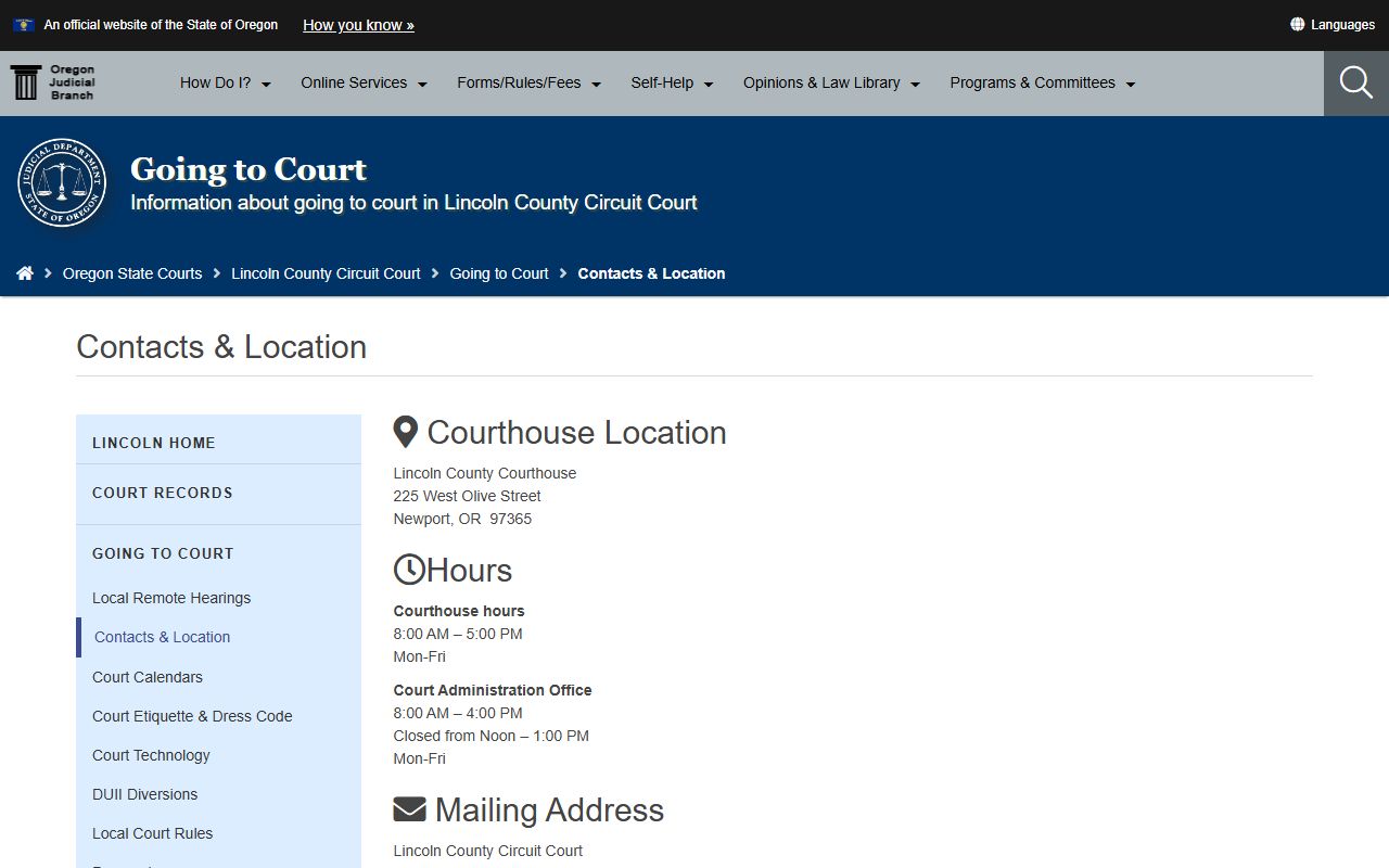 Lincoln County court dockets Circuit Court contact page