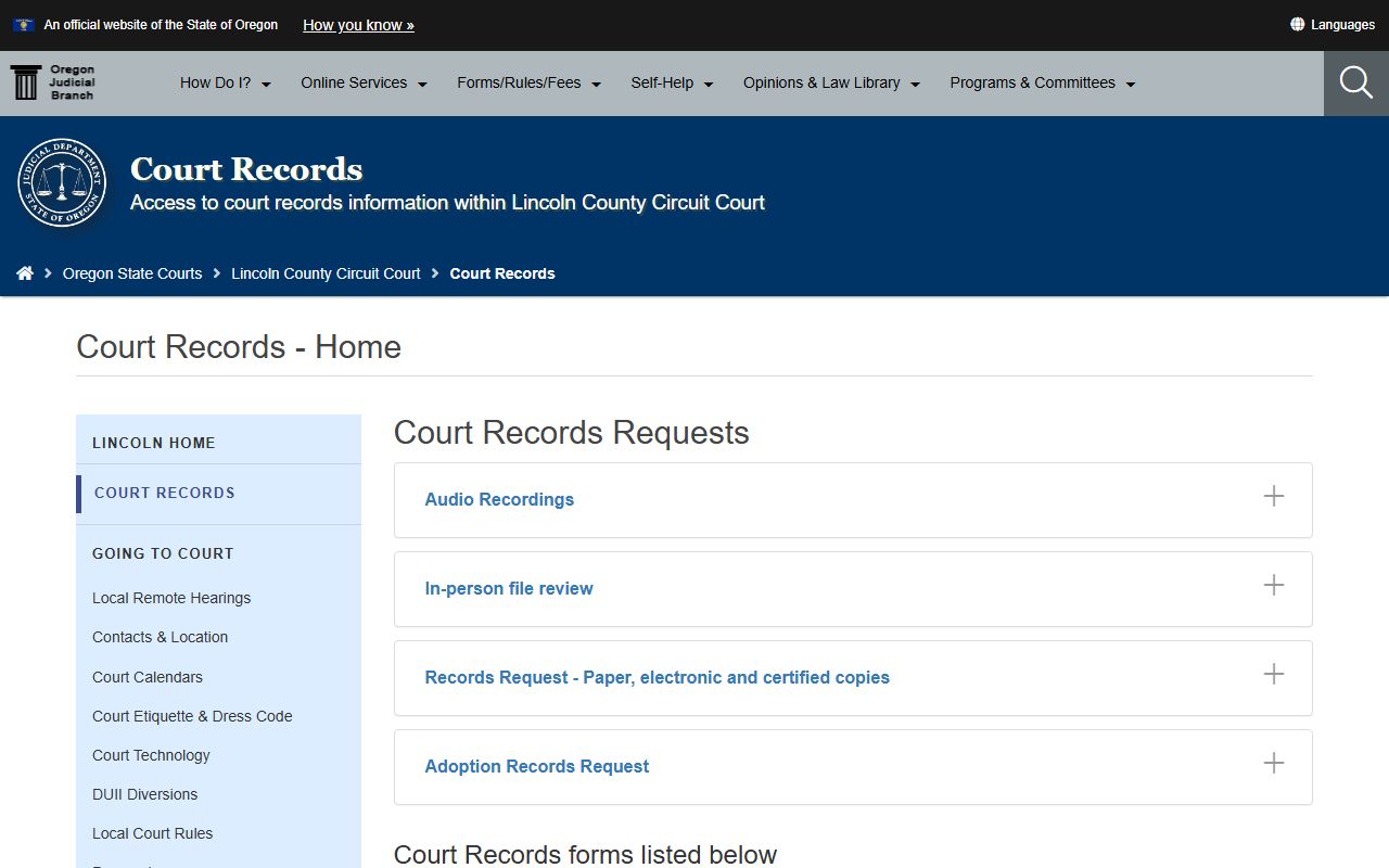 Lincoln County court records request page