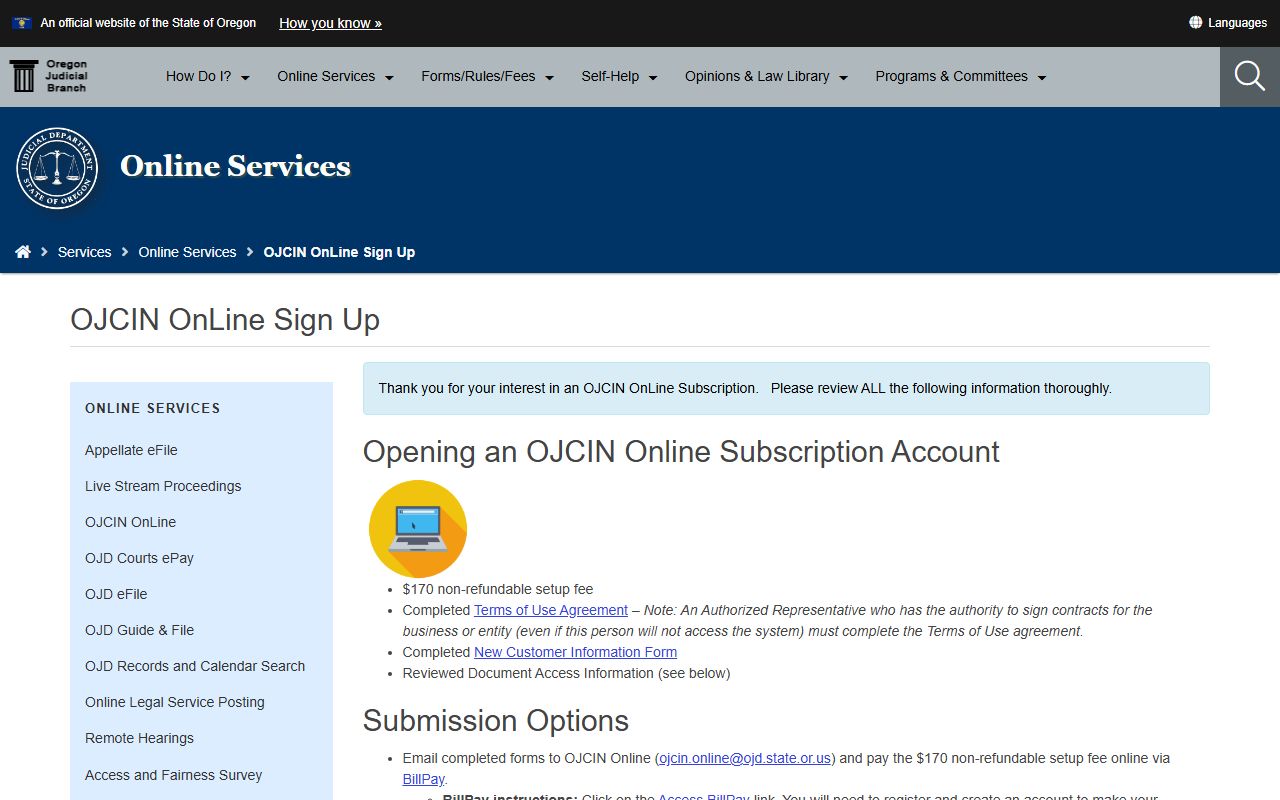 Lincoln County court records OJCIN signup page