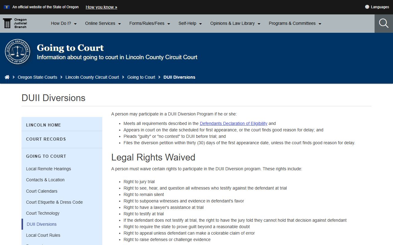 Lincoln County criminal court records DUII diversion page