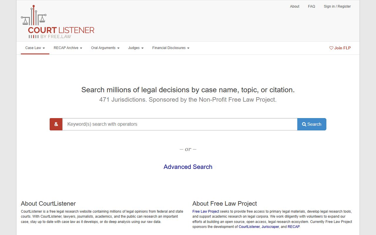 CourtListener website for court opinions and dockets