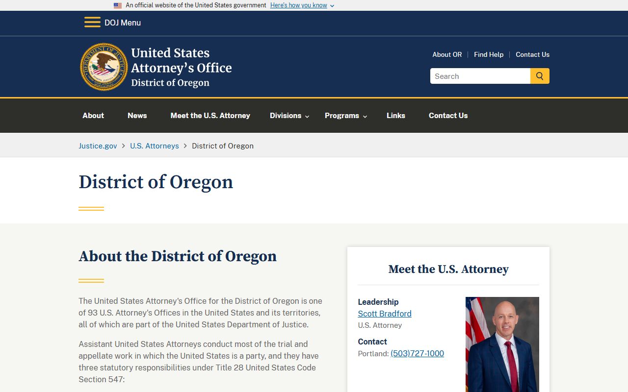 U.S. Attorney's Office for the District of Oregon website