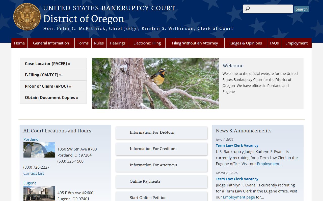 U.S. Bankruptcy Court for the District of Oregon website