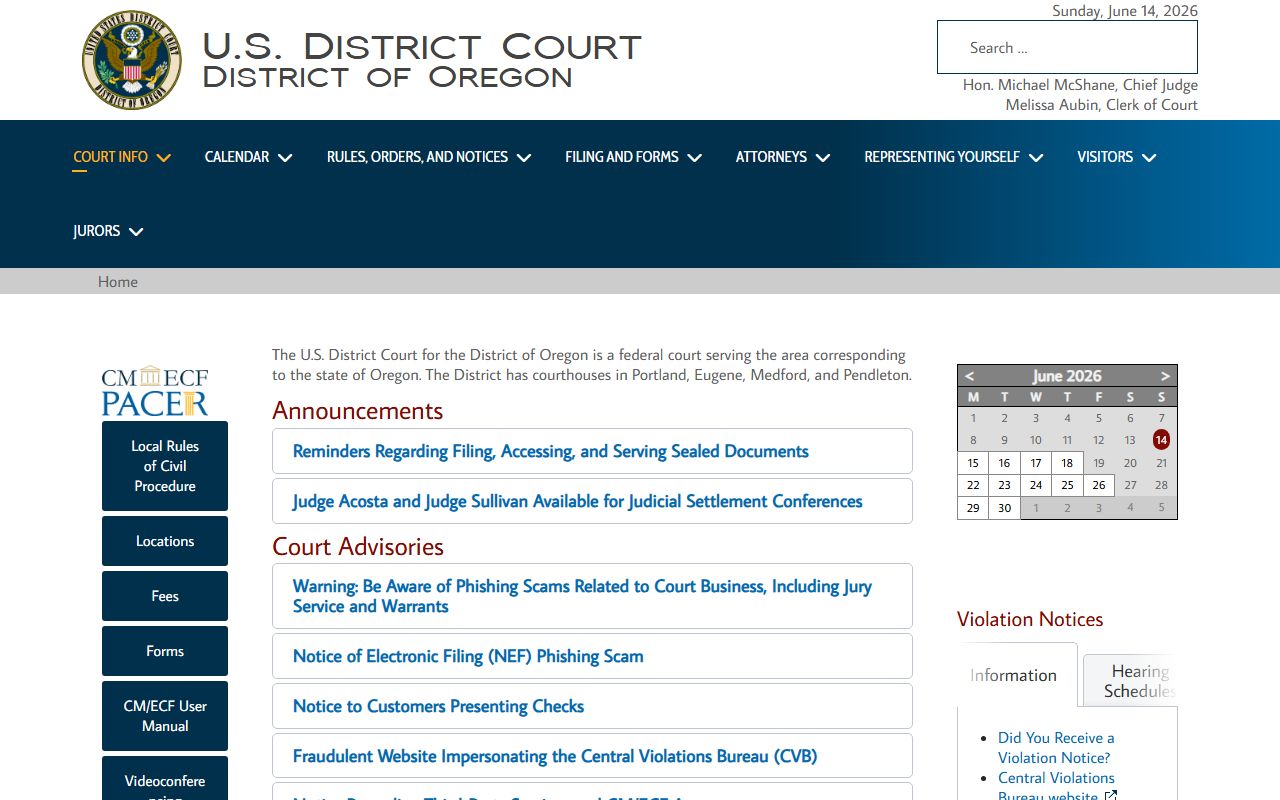 U.S. District Court for the District of Oregon website