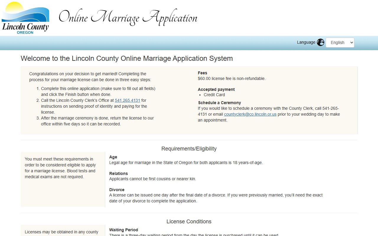 Lincoln County marriage records online application system