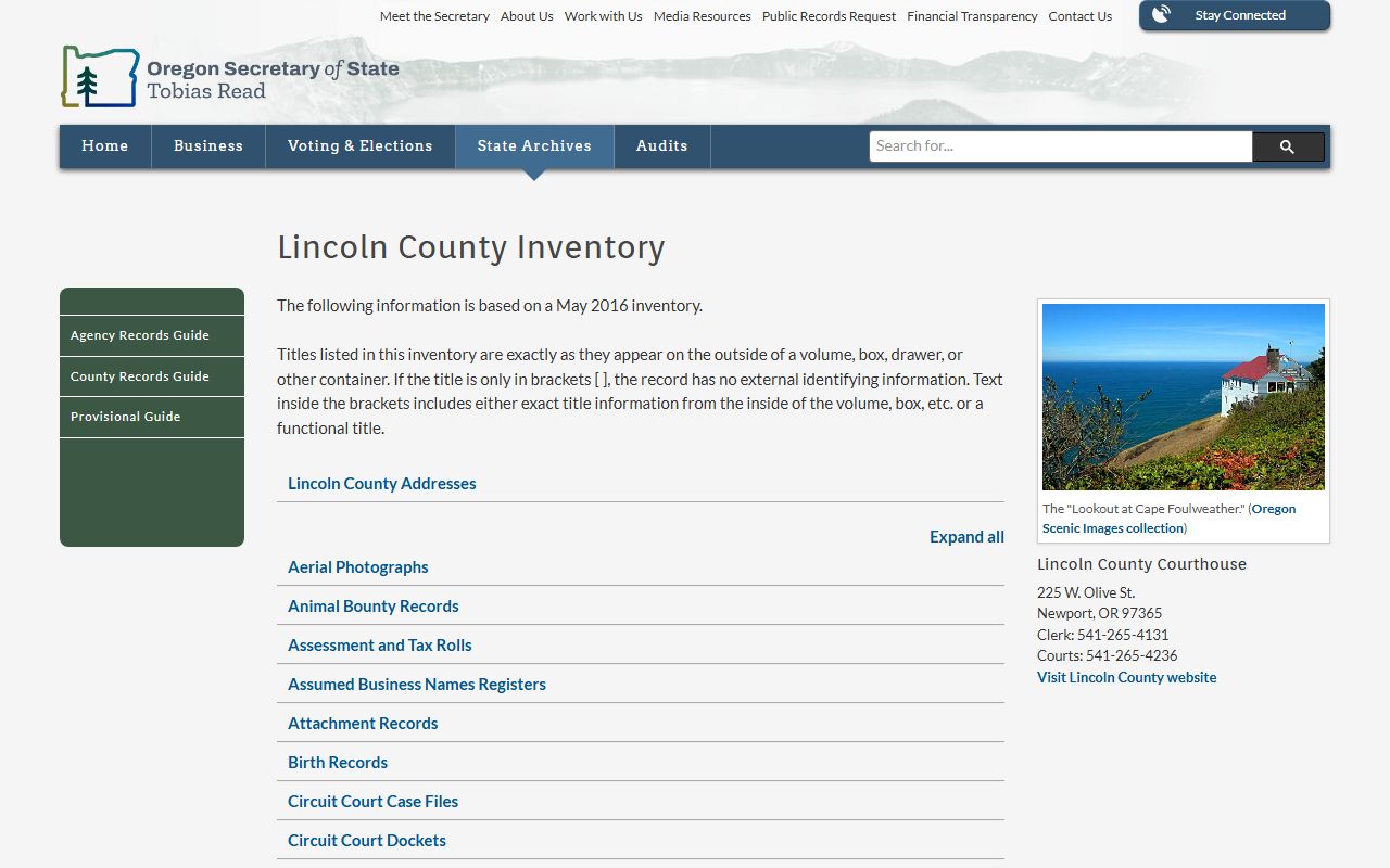 Lincoln County probate records Oregon Secretary of State county inventory